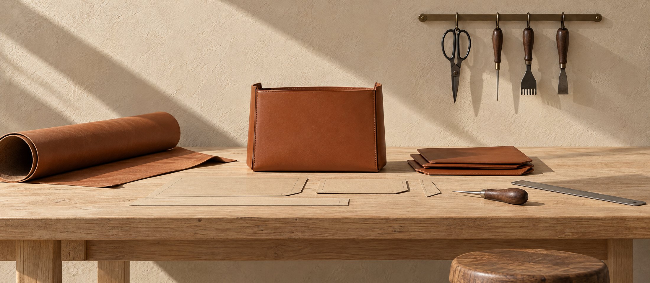 Leather bags on a workbench in the studio Leather bags on a workbench in the studio