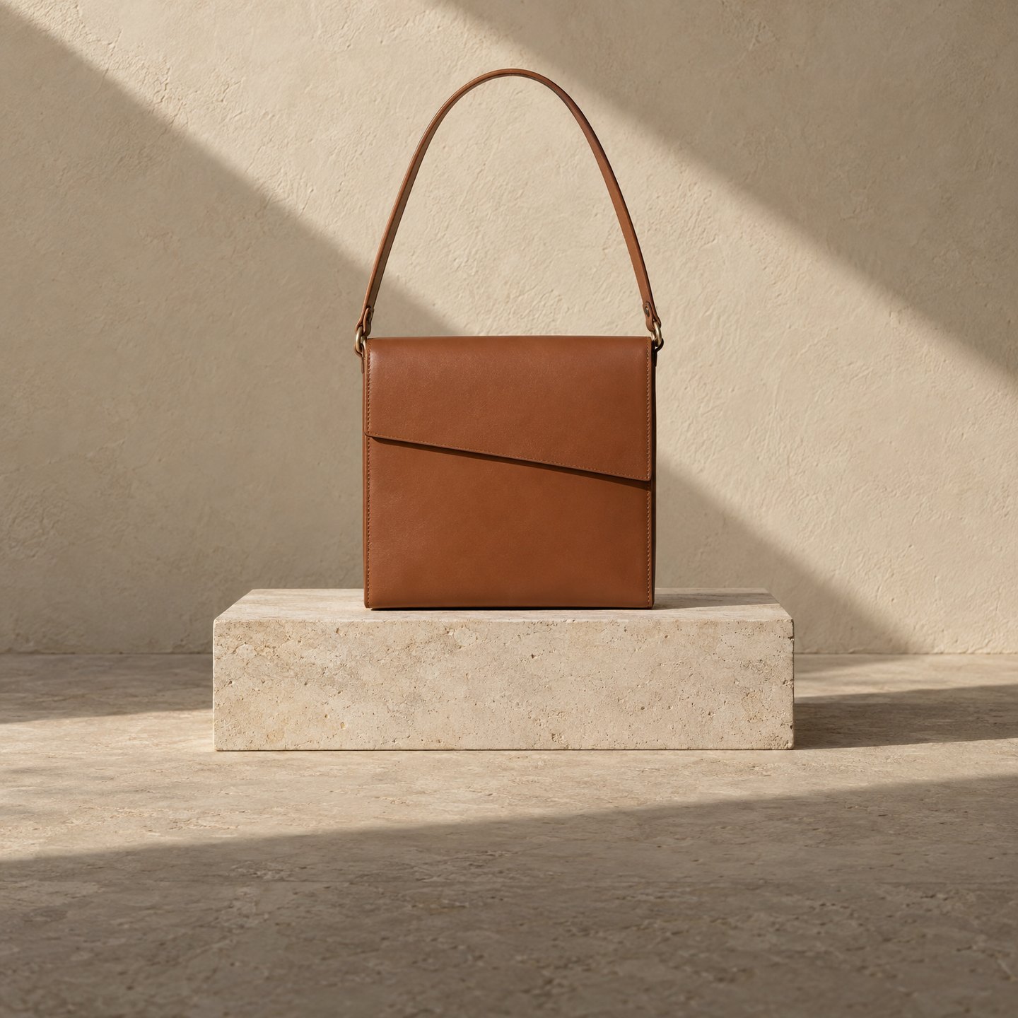 Cognac leather shoulder bag with an angled flap on a limestone block Cognac leather shoulder bag with an angled flap on a limestone block